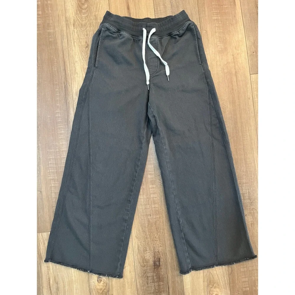 Aerie Wide Leg Lounge Pants Faded Black Drawstring Raw Hem Small - Picture 1 of 9